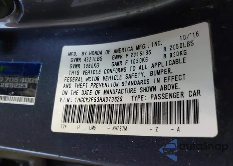 2017 Honda Accord Sport z USA, uszkodzony, nr VIN 1HGCR2F53HA073629